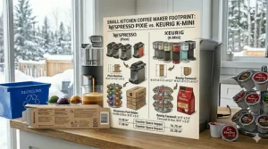 Top-down view showing the counter space used by a Nespresso Pixie versus a Keurig K-Mini in a Montreal-style condo.