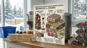 Illustration showing coffee pod packaging with bilingual English and French labelling for the Canadian market.