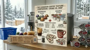 Close-up illustration comparing the rich crema of a Nespresso brew to the classic drip-style texture of a Keurig coffee.