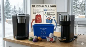 Illustration of Nespresso aluminum pods and Keurig plastic pods next to a Canadian blue recycling bin.