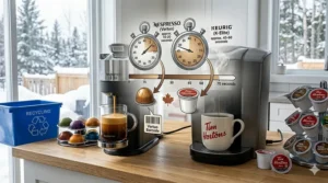 A side-by-side comparison of brewing times for a Nespresso espresso shot and a Keurig 10oz coffee mug.