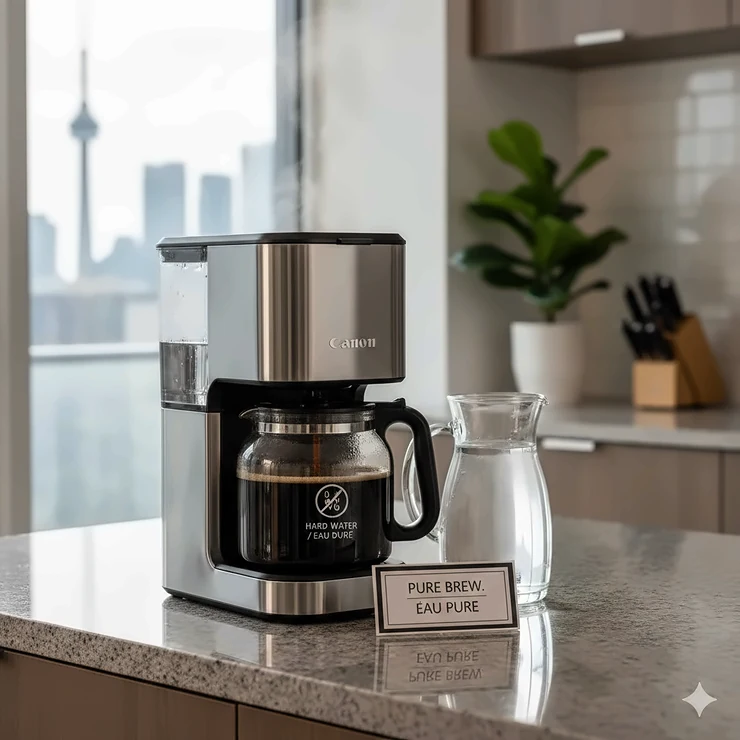 A photorealistic stainless steel coffee maker on a granite countertop with a Pure Brew / Eau Pure label, featuring the Toronto skyline and CN Tower through a window.