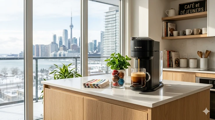 A premium Nespresso machine on a modern kitchen island in a Toronto condo with a view of the snowy skyline. Nespresso VertuoPlus