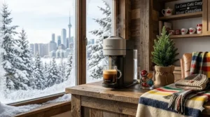A cozy home setup featuring the best Nespresso machine next to a pair of Hudson’s Bay style blankets and a steaming latte.