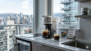 A compact Nespresso Pixie model fitting perfectly in a small, stylish Vancouver apartment kitchen.