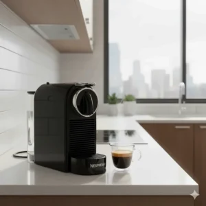 An illustration of a compact Nespresso Pixie, the best Nespresso machine for small Toronto or Vancouver condo kitchens with limited counter space.
