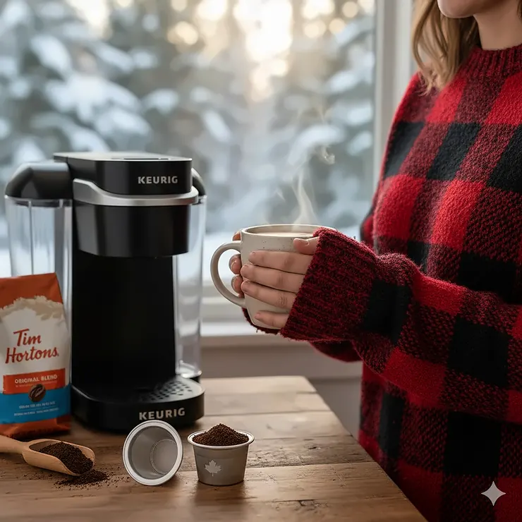 A person in a red plaid sweater holding a steaming mug in a snowy Canadian kitchen next to a Keurig machine and the best reusable K-cups.