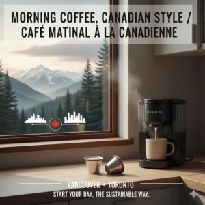 A morning coffee scene with a view of the Canadian Rockies and Vancouver/Toronto skyline silhouettes highlighting the best reusable K-cups.