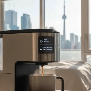 Alt text for image 6: Close-up of a coffee maker’s digital display featuring English and French settings for the Canadian market.