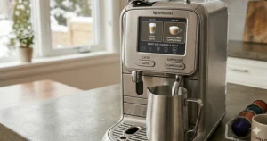A close-up photorealistic 4K image showing the active digital touch screen on a Nespresso machine that makes lattes, displaying clear bilingual English and French beverage selection options ('LATTE | LATTE') under natural light in a Canadian kitchen.