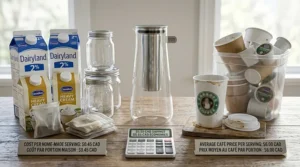 Graphic comparing the price of cafe-bought iced coffee versus saving money with a home cold brew maker.