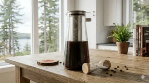 Illustration showing the slow steeping process of a cold brew maker to reduce acidity and bitterness in coffee.