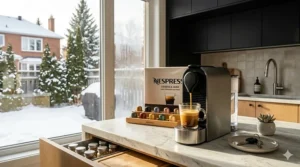 Space-saving Nespresso Essenza Mini fits perfectly in a small Toronto condo kitchen or apartment nook.