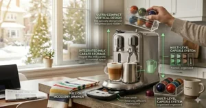 A photorealistic 4K image showing a detailed infographic display on a compact Nespresso machine that makes lattes in a small Canadian condo kitchen, with text callouts highlighting vertical design, integrated milk carafe storage, pull-out accessory drawer, and nested capsule system.
