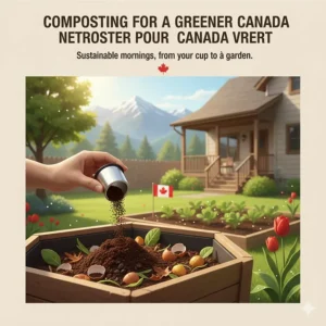 A person emptying coffee grounds from a reusable pod into a backyard compost bin with a Canadian flag and garden in the background.