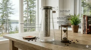 Technical illustration of a high-quality glass cold brew maker with stainless steel filter components.