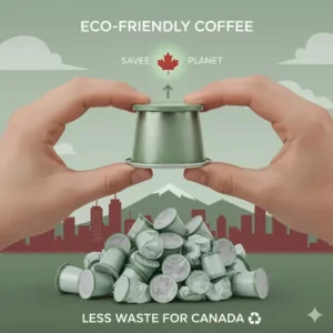 Photorealistic graphic showing how using the best reusable K-cups reduces plastic waste in Canada, featuring a mountain backdrop and maple leaf icon.