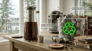 Sustainable cold brew maker illustration highlighting the reduction of single-use coffee pod waste in Canada.