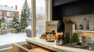 Nespresso Essenza Mini coffee pods next to a green recycling bag, highlighting Canada's sustainable coffee culture.