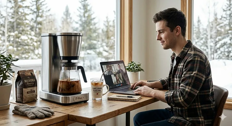 A comparison illustration showing the rapid 15-minute brewing cycle of an electric cold brew maker versus the traditional 24-hour steeping method.