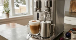 Close-up diagram of a professional Nespresso machine that makes lattes, showing the detailed process of frothing milk in a pitcher with steam wand. A detailed plaque details the aeration and texturing stages.
