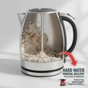 A high-detail cross-section of a kettle showing heavy calcium and mineral buildup, illustrating why a specialized coffee maker for hard water is needed in Canada.