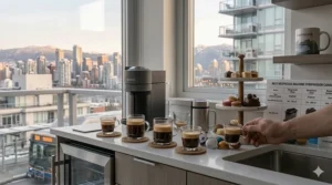 An illustration of a dinner party in Montreal with a Nespresso machine serving espresso to guests for dessert.