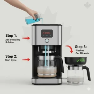 A step-by-step photorealistic guide on how to descale a coffee maker to remove minerals, featuring bilingual English and French instructions for Canadian users.
