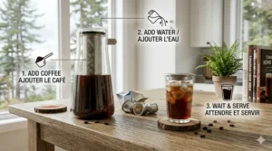 Easy step-by-step guide for using a cold brew maker with bilingual English and French instructions.