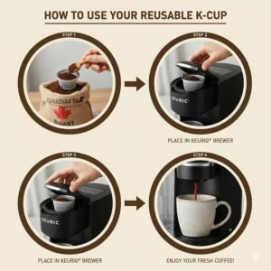 A four-step photorealistic guide on how to use the best reusable K-cups with Canadian roast coffee grounds and a Keurig brewer.