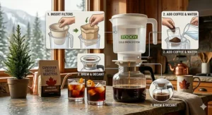Illustration showing the step-by-step assembly of the Toddy cold brew system with paper filters and glass decanter.