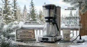 A photorealistic electric cold brew maker featuring bilingual English and French "Infuseur à café froid électrique" branding for the Canadian market.