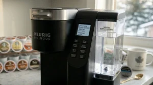 Graphic detailing the user-friendly bilingual English and French interface of a Keurig coffee maker sold in Canada.