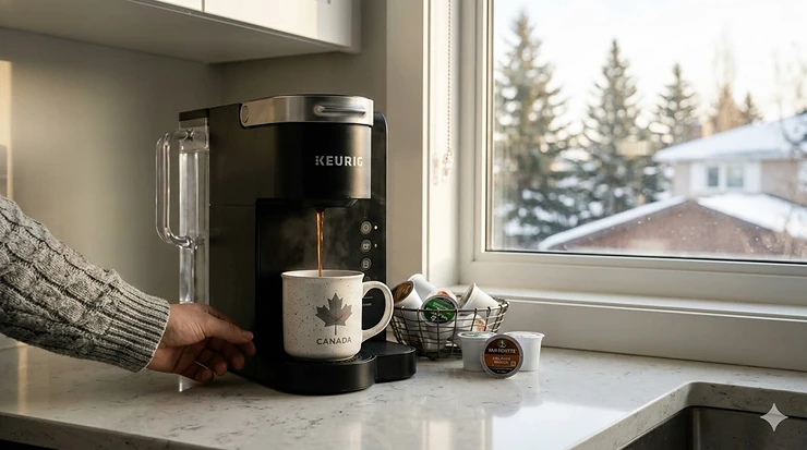 A sleek Keurig coffee maker brewing a fresh cup on a modern kitchen counter in Canada, featuring a warm mug and a snowy winter view through the window.