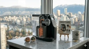 Illustration of a compact Keurig coffee maker fitting perfectly in a small Canadian urban apartment or condo kitchen.