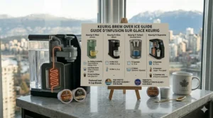 Illustration showing the brew over ice setting on a Keurig coffee maker, perfect for making iced coffee during Canadian summers.