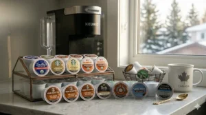 A colorful assortment of K-Cup pods for a Keurig coffee maker, featuring popular Canadian coffee brands like Van Houtte and Timothy’s.