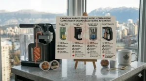 Comparison chart of different Keurig coffee maker models available in the Canadian market, highlighting tank size and brew features.