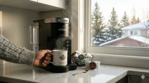 Illustration of a Canadian morning routine showing a person using a Keurig coffee maker to brew hot coffee on a cold morning.