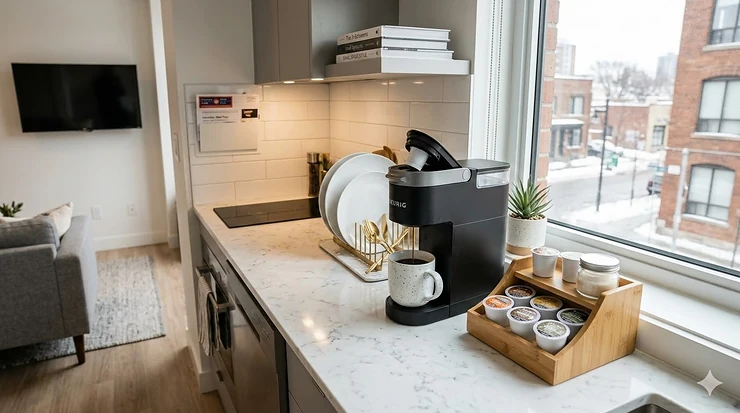 A slim Keurig coffee maker on a narrow white marble countertop in a modern Toronto studio apartment, showing space-saving kitchen organization. Keurig for small apartment