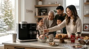 Illustration of a Keurig K-Duo brewing a full carafe of coffee for a family gathering in a cozy Canadian home.