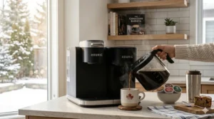 A top-down illustration showing the space-saving Keurig K-Duo design, ideal for urban condos in Vancouver or Montreal.