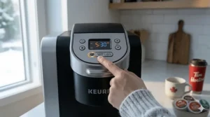 An eco-friendly illustration of a gold-tone mesh filter being used in a Keurig K-Duo to reduce waste in Canada.