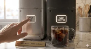 The slim Keurig K-Supreme shown on a marble countertop, highlighting its compact, condo-friendly width of 12.9 cm.
