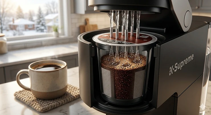 Keurig K-Supreme and K-Elite coffee makers side-by-side on a modern Canadian kitchen counter with a snowy window view. Keurig K-Supreme vs K-Elite