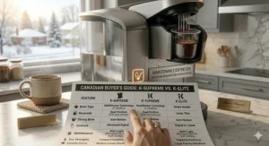 Hand pointing to a bilingual English and French descaling alert light on a Keurig machine with a maintenance manual visible.