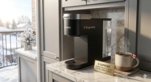 A finger pressing the Strong brew button on a Keurig coffee maker to enhance coffee intensity for a robust morning cup.