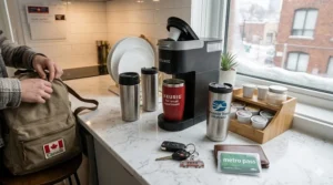 A Keurig brewing directly into a travel mug next to a set of keys, ideal for a Canadian urban commuter.