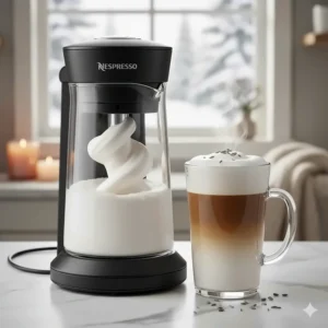 An illustration of the Nespresso Aeroccino frother preparing hot milk for a classic Canadian London Fog or latte.