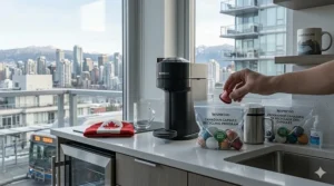 A graphic showing Nespresso coffee pod recycling bags, highlighting Canada's "Green Bag" program.